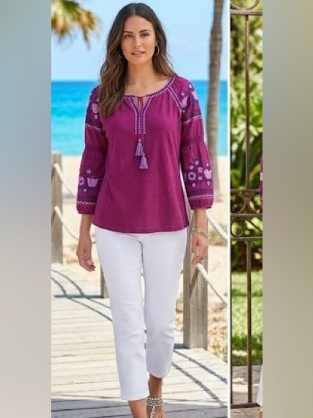 New Direction Embroidered Boho cranberry color top - Med Petite -NWT